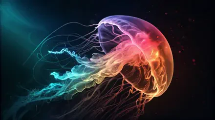 A stunning 4K Ultra HD wallpaper featuring a translucent jellyfish, illuminated in vibrant colors against a dark background, showcasing intricate details and ethereal beauty.