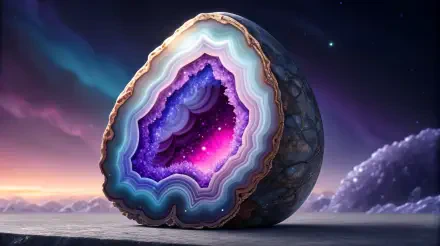 A stunning geode displays vibrant purple and blue hues, revealing a galaxy-like interior, set against a dreamy cosmic background. This vibrant image makes for an eye-catching 4K Ultra HD wallpaper.