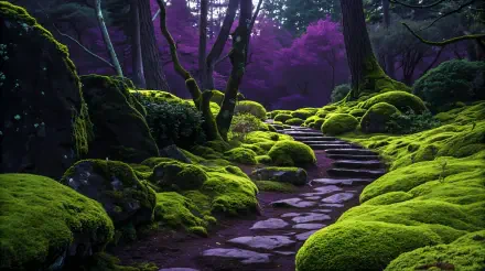 A serene moss garden featuring vibrant green moss covering boulders and an inviting stone path, surrounded by lush trees and hints of purple foliage, captured in stunning 4K Ultra HD.