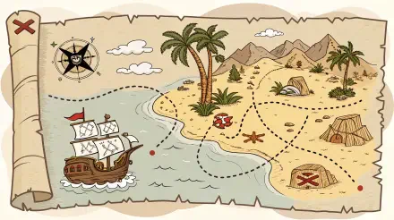 A whimsical treasure map featuring a ship, palm trees, mountains, and marked locations. This vibrant design serves as a 4K Ultra HD PC desktop wallpaper and background.