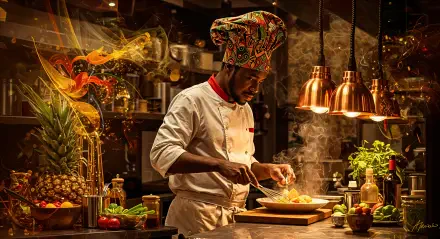 A chef in a vibrant hat prepares a dish in a warmly lit kitchen, surrounded by fresh ingredients and colorful decor, capturing the essence of culinary artistry in 4K Ultra HD.