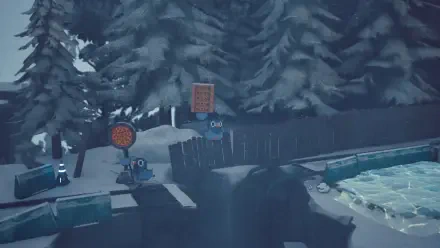 A whimsical HD wallpaper featuring elements from GuGu Pizza: Delivering Pizza to the Space Station? with characters navigating a snowy landscape and quirky signposts.