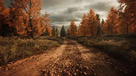 A serene wilderness scene featuring a dirt path lined with vibrant autumn trees and scattered leaves, captured in stunning 4K Ultra HD, perfect for a desktop wallpaper.