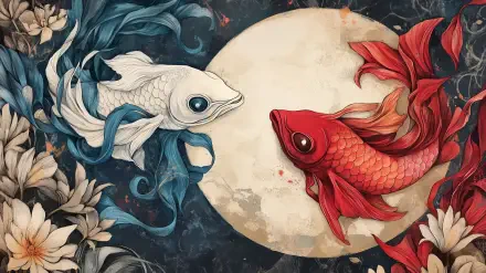 Artistic depiction of the Pisces zodiac sign featuring a white and red fish against a full moon background, surrounded by flowers, capturing the essence of astrology and the horoscope theme.