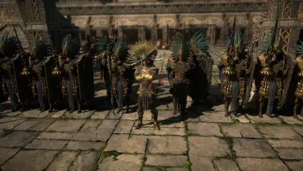 A stunning 4K Ultra HD wallpaper from Path of Exile 2 featuring a central character in intricate armor, flanked by dark armored warriors against a detailed stone background.