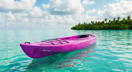 A vibrant pink kayak floats serenely on clear turquoise waters, with lush greenery and a cloudy sky in the background, captured as a stunning 4K Ultra HD desktop wallpaper.