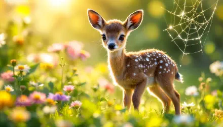 A charming baby deer stands amidst colorful flowers, bathed in soft sunlight, with a delicate spider web glistening nearby. This enchanting scene makes a beautiful 4K Ultra HD desktop wallpaper.
