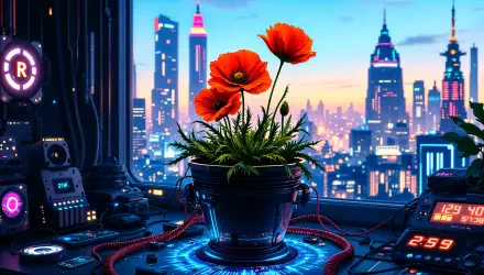 A vibrant scene showcasing bright orange poppies in a pot, set against a futuristic city skyline at dusk, in a stunning 4K Ultra HD desktop wallpaper.