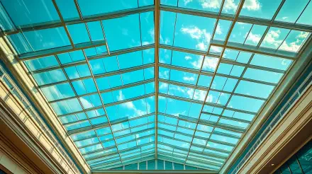A stunning 4K Ultra HD wallpaper featuring a glass ceiling, showcasing a bright blue sky with fluffy clouds, creating a spacious and airy atmosphere.