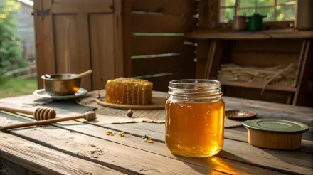 A rustic scene featuring a jar of honey, a honeycomb on a wooden plate, and a dipper, all set on a weathered table in a warmly lit interior. 4K Ultra HD desktop wallpaper.