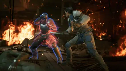 A dynamic scene from the video game Dune: Awakening, featuring two characters engaged in combat amidst a backdrop of flames, showcased in stunning 4K Ultra HD quality.