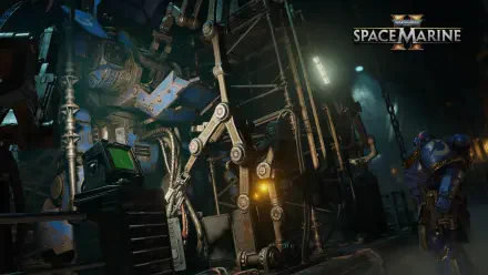 A dynamic HD wallpaper from the video game Warhammer 40K: Space Marine 2, featuring intricate machinery and a Space Marine in a dark, atmospheric setting.