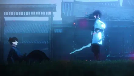 A visually striking HD wallpaper from the video game Fate/Samurai Remnant, featuring two characters in an atmospheric setting with traditional architecture and a mystical aura.