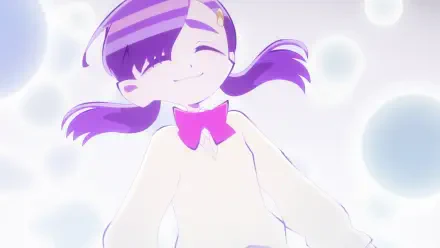 HD PC desktop wallpaper from the anime Aquarion: Myth of Emotions featuring a smiling character with purple hair and a pink bow against a soft, light background.