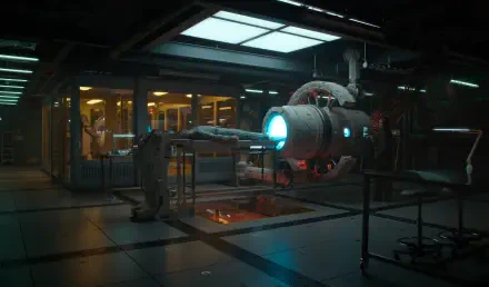 A futuristic sci-fi scene from the movie Mickey 17 (2025), featuring a high-tech laboratory with a glowing machine and dramatic lighting, designed as a HD desktop wallpaper.