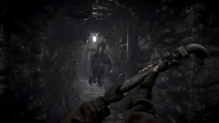 A dark, eerie corridor from the video game Total Chaos, featuring a menacing figure in the shadows, with a player character holding a pipe as they navigate the haunting environment.