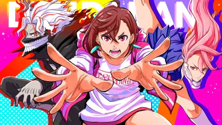 HD PC wallpaper of Dandadan anime: Momo Ayase and Aira Shiratori lunging toward the viewer with bold pop‑art colors and dynamic, high‑energy poses.