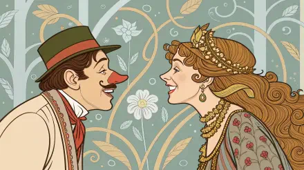 A whimsical illustration featuring a man with a clown nose and a woman in elegant attire, both smiling at each other against a floral backdrop, capturing a lighthearted comedy theme.