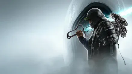 A stormy figure wielding a weapon stands against a mysterious backdrop in this 4K Ultra HD wallpaper for the video game Hell is Us.