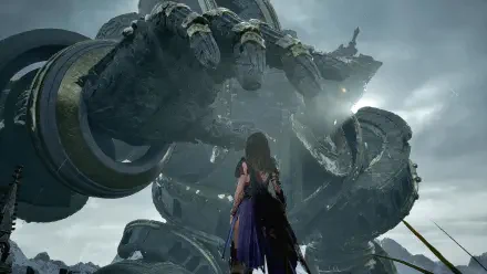 A dramatic scene from the video game Tides of Annihilation, featuring a character gazing up at a colossal, intricately designed robotic hand against a moody sky. 4K Ultra HD.