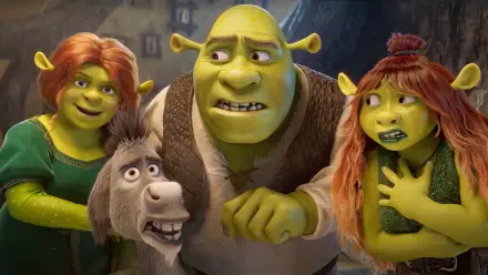 A vibrant HD wallpaper featuring characters from Shrek 5: Shrek, Princess Fiona, Donkey, and two other ogres, each displaying a mix of emotions in a whimsical setting.