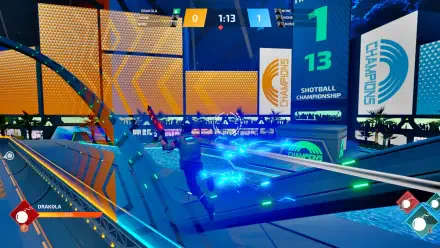 Action-packed Shotball championship scene featuring vibrant graphics and a dynamic arena. A player races towards the goal, set against a futuristic backdrop. Ideal HD wallpaper for gaming enthusiasts.