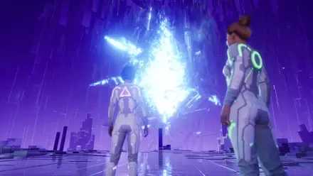 A vibrant HD wallpaper from the video game Split Fiction, featuring two characters in sleek suits gazing at a stunning blue portal amidst a futuristic landscape.