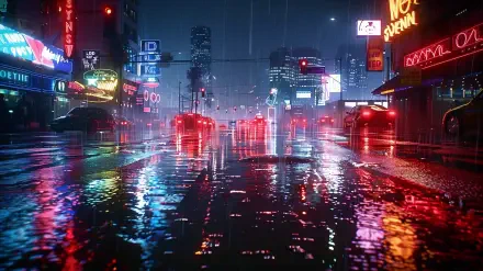 A vibrant futuristic city scene at night, featuring neon lights reflecting on rain-soaked streets, creating a striking HD desktop wallpaper atmosphere.