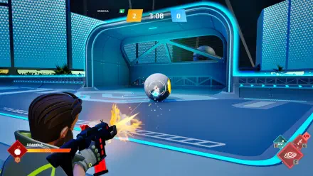 A vibrant HD PC desktop wallpaper showcasing a dynamic moment in the video game Shotball, featuring a character shooting at a ball within a futuristic arena.