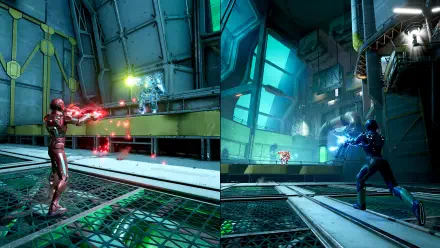 A dynamic scene from the video game Split Fiction, featuring two characters engaged in combat within a futuristic, high-tech environment. This HD wallpaper showcases vibrant colors and action.