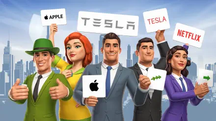 A vibrant 4K Ultra HD stock market themed wallpaper featuring animated characters holding signs for major companies like Apple, Tesla, and Netflix, set against a city skyline.