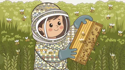 A cheerful beekeeper in a patterned suit holds a honeycomb frame, surrounded by buzzing bees and vibrant greenery. This colorful illustration serves as a 4K Ultra HD desktop wallpaper.