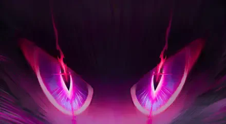 Close-up of Scaramouche’s glowing purple eyes from Genshin Impact, featured in a vibrant 4K Ultra HD PC desktop wallpaper background.