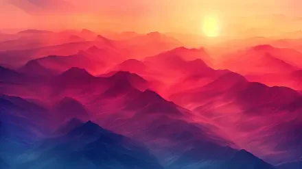 HD PC desktop wallpaper featuring a mountain range bathed in warm colors of a glowing sunset, blending hues of pink, orange, and purple across the landscape.