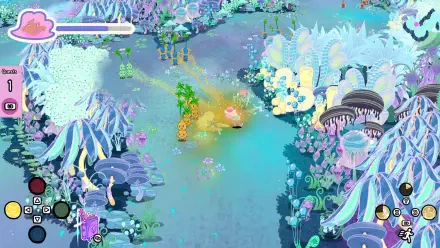 A vibrant HD wallpaper featuring a whimsical landscape from the video game Grimoire Groves, showcasing colorful plants and magical elements in a serene environment.