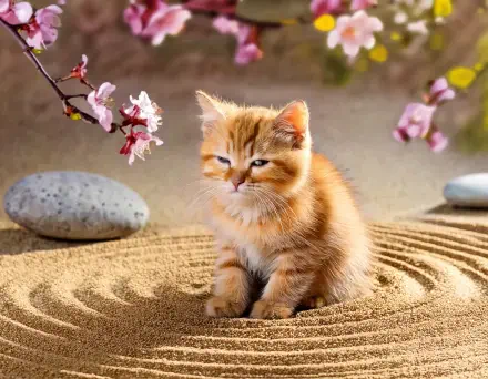 kitten cute Flowers and Trees cherry blossom Zen Garden HD Desktop Wallpaper | Background Image