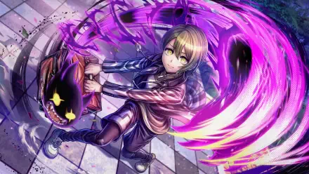 HD PC desktop wallpaper of Tribe Nine's Koishi Kohinata, mid-action with a swirling purple energy trail and a grinning black mascot over tiled pavement.