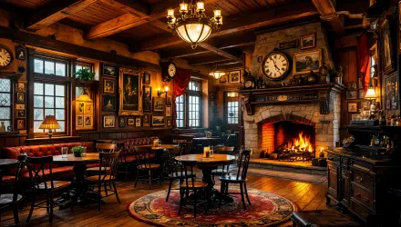 A cozy saloon interior with wooden beams, vintage decor, and a roaring fireplace, offering a warm atmosphere and inviting seating. 4K Ultra HD PC desktop wallpaper and background.