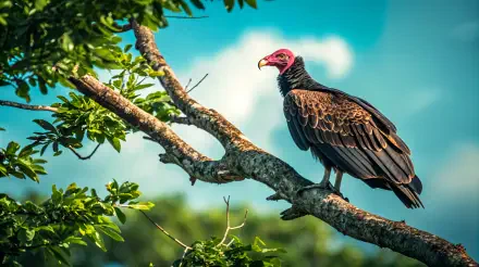 A vulture perches on a tree branch against a vibrant blue sky, showcasing its striking features. This 4K Ultra HD image makes a captivating desktop wallpaper and background.