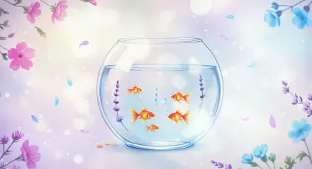 A serene fish bowl scene featuring vibrant goldfish surrounded by gentle floral accents, designed as a 4K Ultra HD PC desktop wallpaper and background.