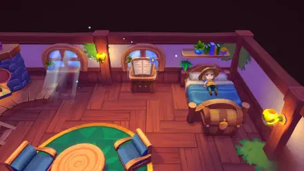 A cozy scene from the video game Sugardew Island, showcasing a charming farm shop interior with a character resting in bed, surrounded by warm lighting and wooden decor.
