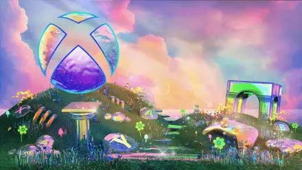 A vibrant HD wallpaper featuring a whimsical landscape with an oversized Xbox logo, colorful stones, and flowers, creating a fantasy gaming atmosphere.