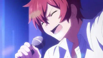 A vibrant HD anime scene from UniteUp! Uni:Birth, featuring a character passionately singing into a microphone, capturing the excitement of a performance.