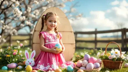 A young girl in a pink dress holds an Easter egg in a vibrant outdoor setting, surrounded by colorful eggs and a bunny decoration, framed by blossoming trees. A joyful Easter scene in 4K Ultra HD.