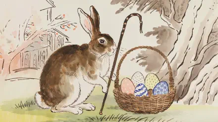 A charming Easter scene featuring a rabbit beside a basket filled with colorful eggs, set against a subtle backdrop, serves as a vibrant 4K Ultra HD desktop wallpaper.