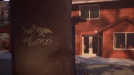 A HD wallpaper featuring a scene from Life Is Strange 2, showcasing the Wolf Brothers graffiti against a backdrop of a cozy, rustic house.