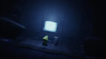 A dark, atmospheric wallpaper featuring Six from Little Nightmares, facing a flickering TV in a mysterious environment, capturing the eerie essence of the video game.