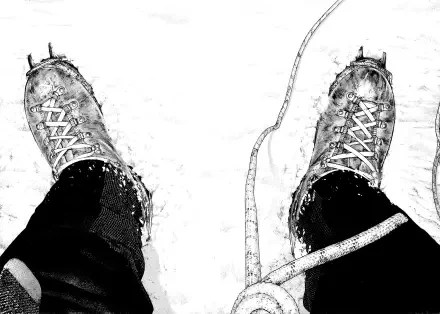 Detailed black-and-white manga illustration featuring climber's boots in snow, surrounded by climbing gear. This HD image represents the theme of The Climber for desktop wallpaper.