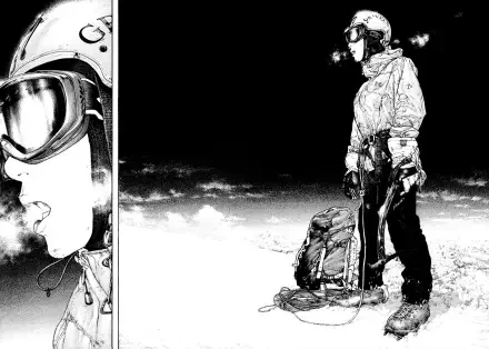 Manga-inspired HD wallpaper featuring Mori Buntarou from The Climber, depicting a climber in gear against a dramatic, snowy backdrop.