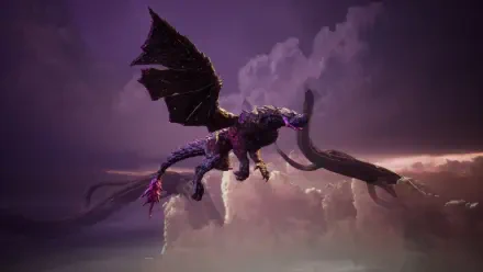 A dramatic HD wallpaper for the video game Split Fiction, featuring a fierce black dragon soaring through a mystical sky with vibrant clouds.